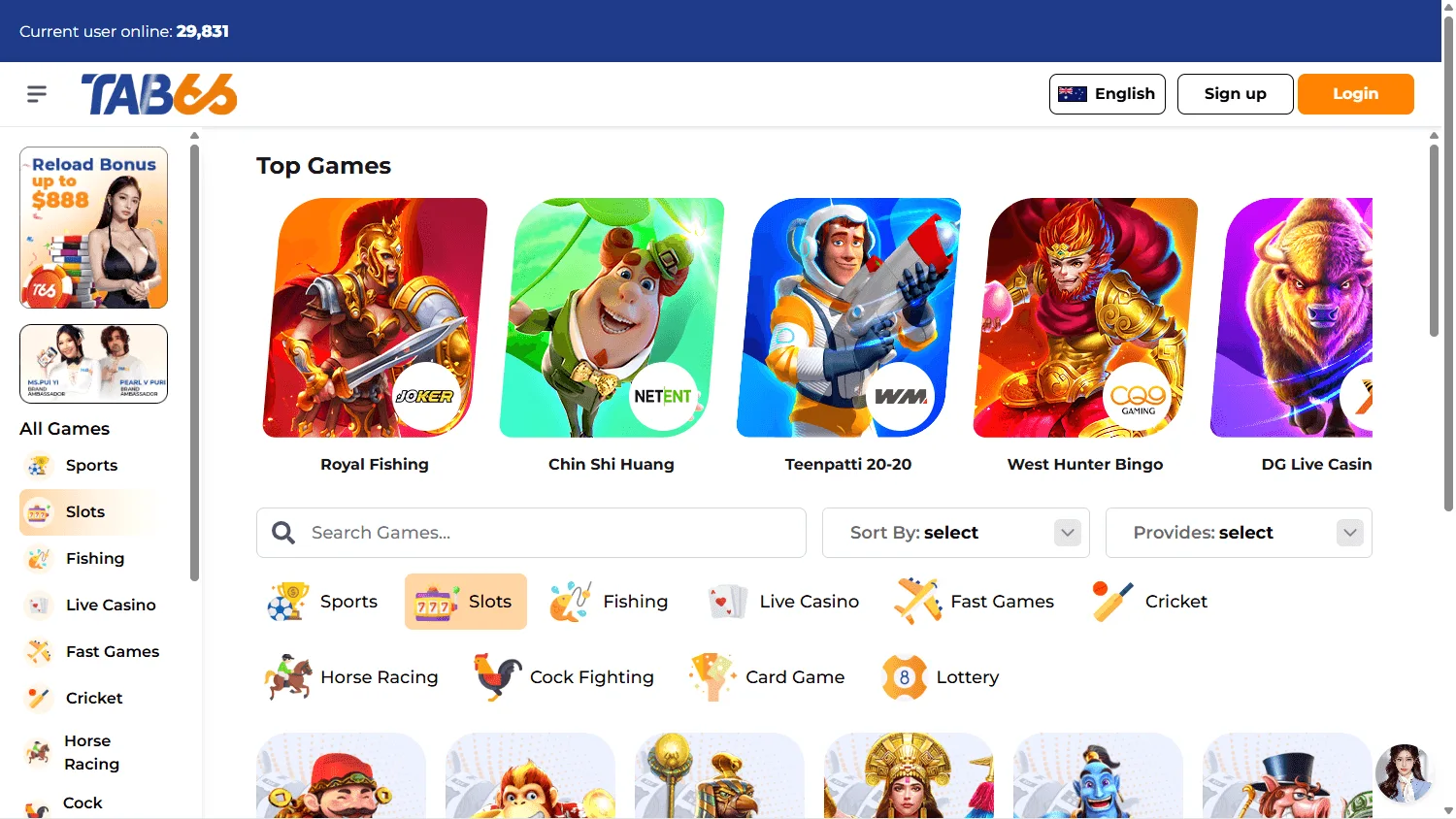 Tab66 Casino desktop games selection with casino categories