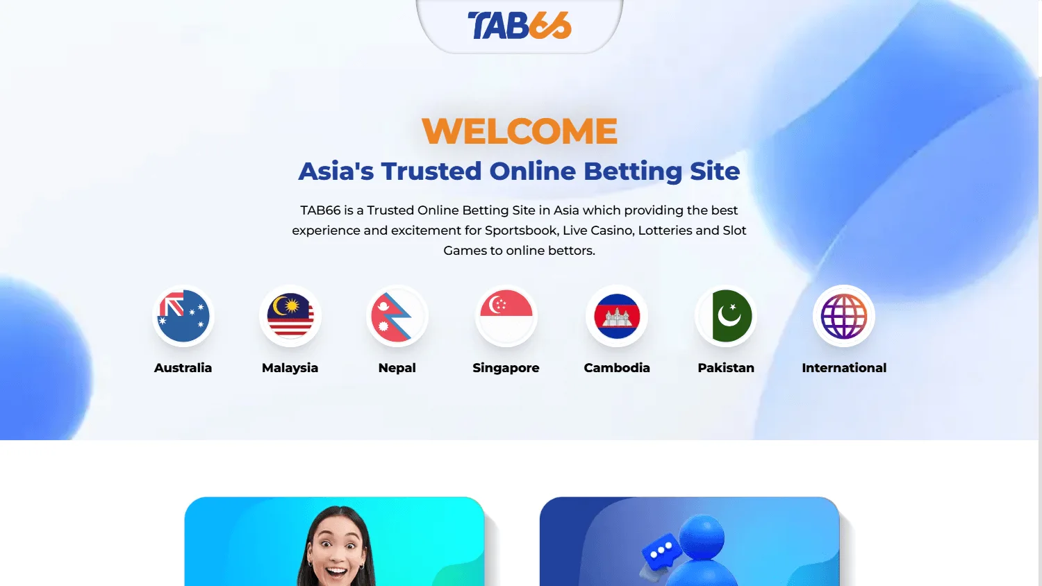 Tab66 Casino desktop home with casino and sportsbook access