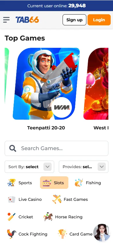 Tab66 Casino mobile games selection