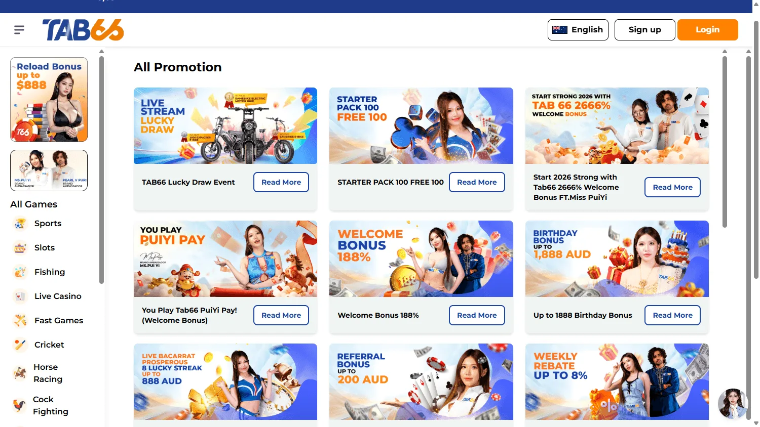 Tab66 Casino desktop promotions area with available offers